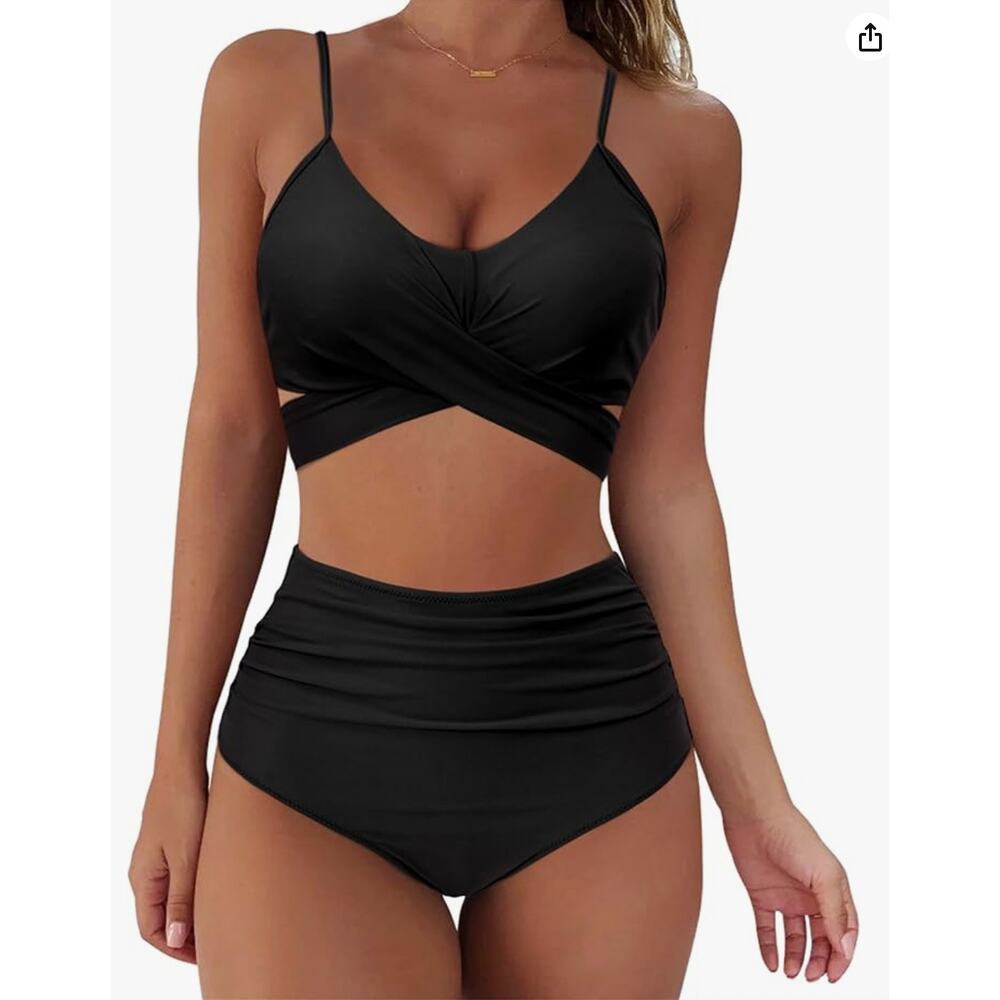 NEW Suuksess Womens Wrap Push-Up High Waist Black 2-Piece Bikini Swimsuit Medium